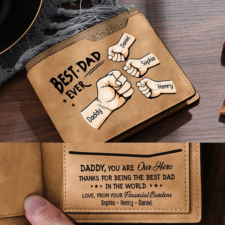 4 Names - Personalized Fist Bump Pattern Custom Text Leather Men's Wallet as a Father's Day Gift for Dad
