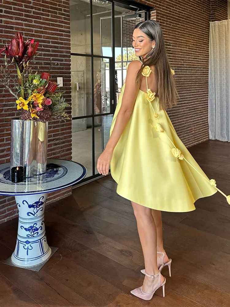 Women Sexy Backless Loose A Line 3D Flower Sling Mini Dress