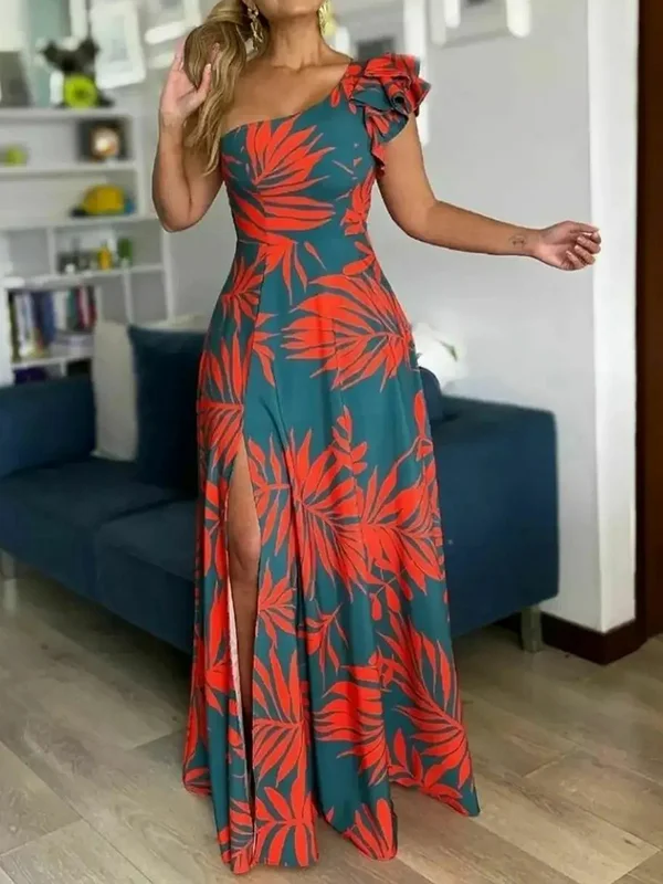 Asymmetric Floral Printed Ruffled Empire Sleeveless One-Shoulder Maxi Dresses