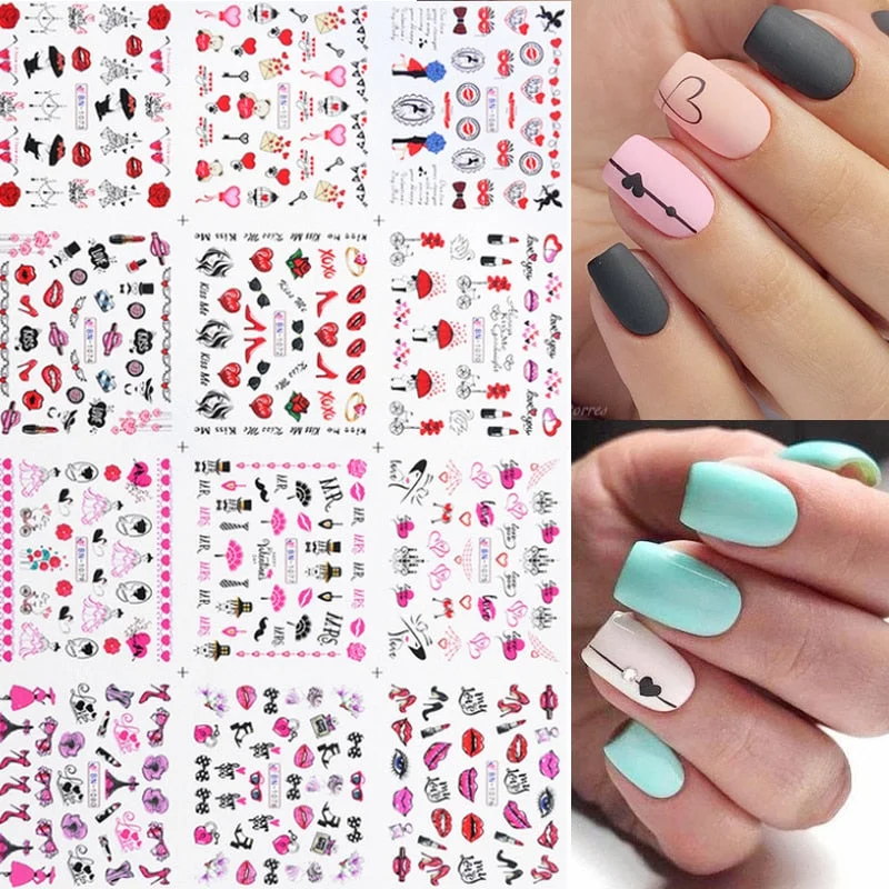 12Pcs/Set Heart Shaped Lips Designs Water Decals English Love Letter Stickers For Nails Nail Art Decoration Sliders Manicure DIY