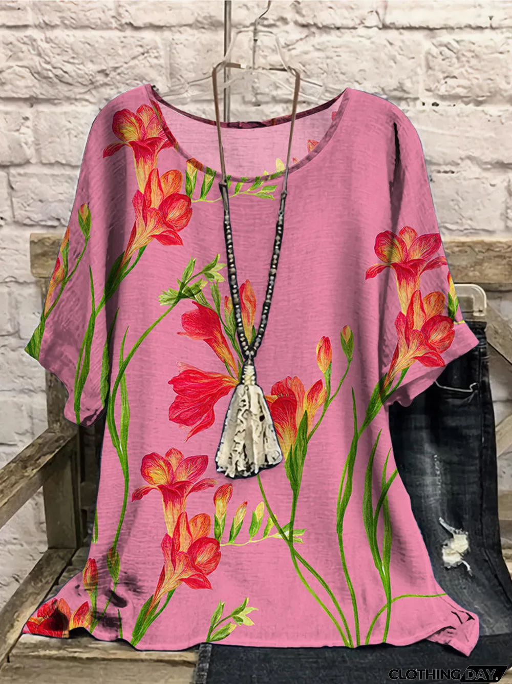 Women Half Sleeve Scoop Neck Floral Printed Colorblock Pink Women Tops