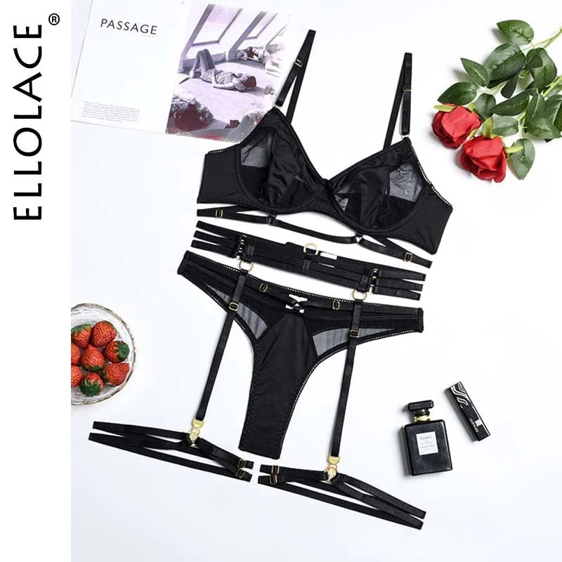 Ellolace Luxury Lingerie 3 Pieces Sexy Transparent Lace Underwear Sensual Patchwork Short Skin Care Kits Garters Exotic Sets