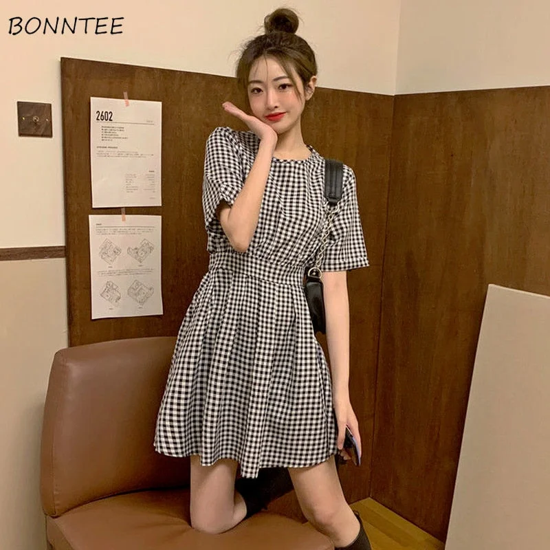 Dress Women Black White Plaid Korean Style Lovely Girl Clothing Lace Up Retro All-match Steetwear Female Vintage Trendy Sundress