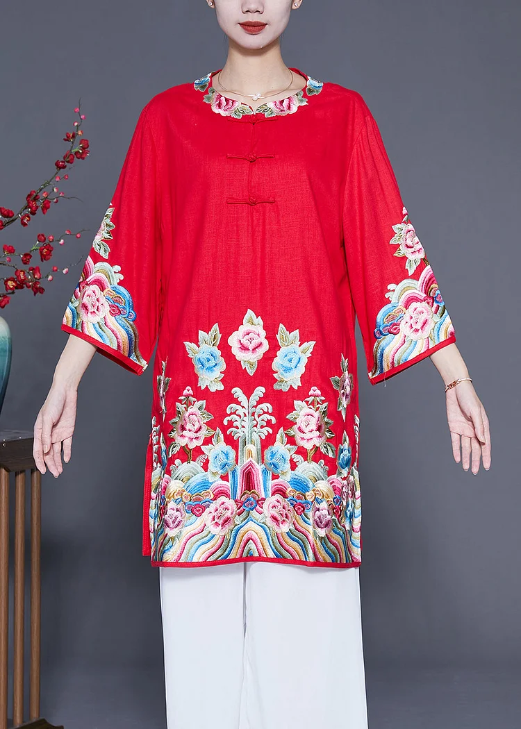 Red Linen Shirt Tops Embroideried Chinese Button Summer