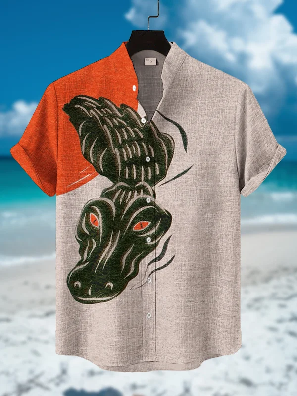 Men's Crocodile Illustration Art Print Short Sleeve Shirt