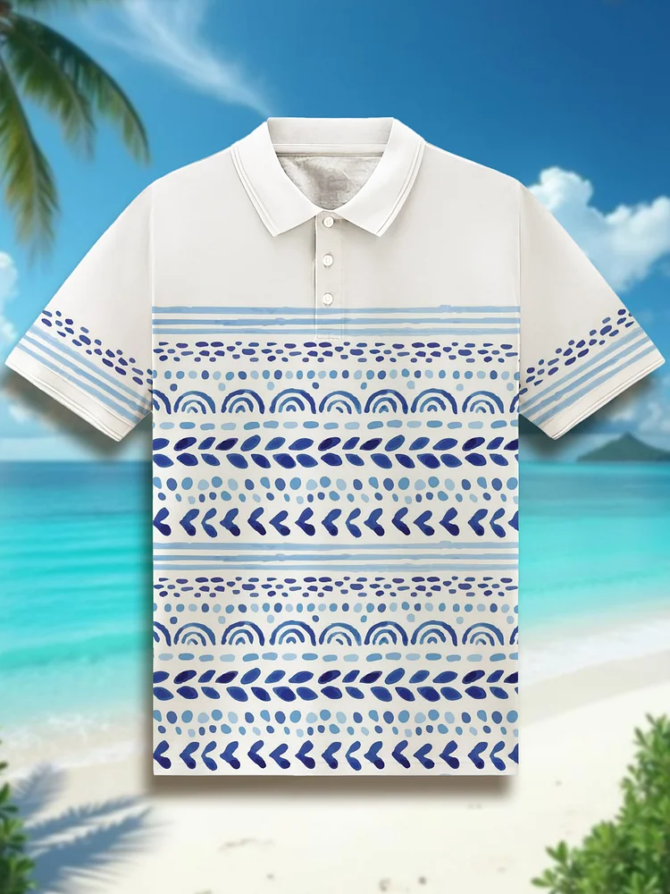Men's Vacation Geometric Art Stripes Print Short Sleeve Polo Shirt