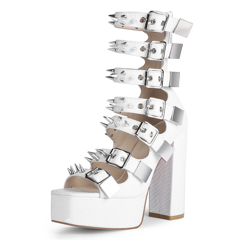 VCSHOES Rock Style Metal Rivets Strap Buckled Sandals Boots Platform Chunky Heel Hollow Out Ankle Boots High Heel Spikes Booties