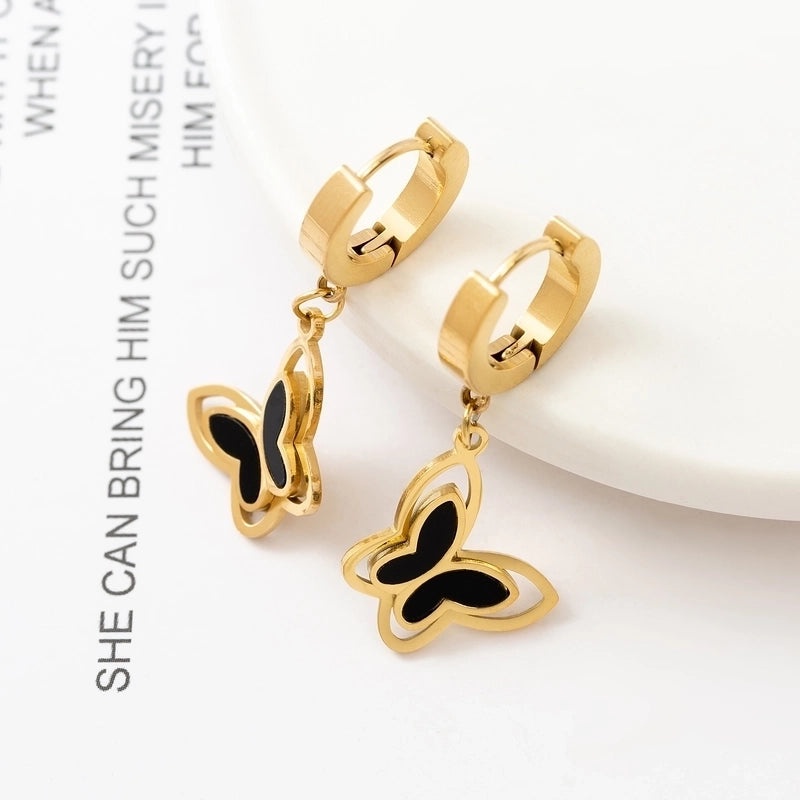 1 Pair Fashion Butterfly Polishing Plating Inlay Titanium Steel Shell Zircon Drop Earrings