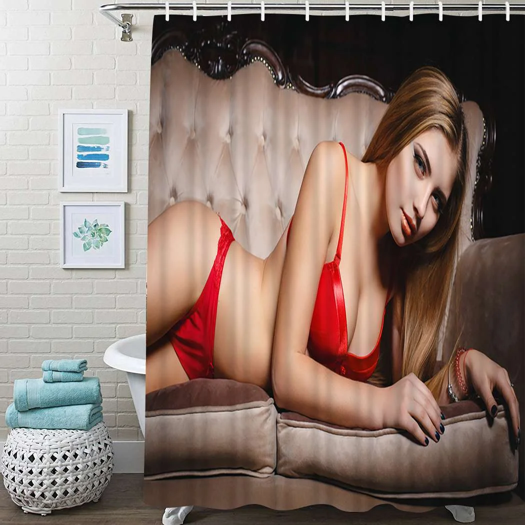 Sexy Girl Shower Curtain Young Woman White Shower Curtain Waterproof Fabric For Bathroom Decor Shower Curtains Set With Hooks