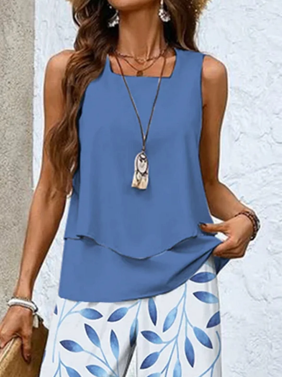 Women's Sleeveless Square Collar Graphic Printed Casual Set