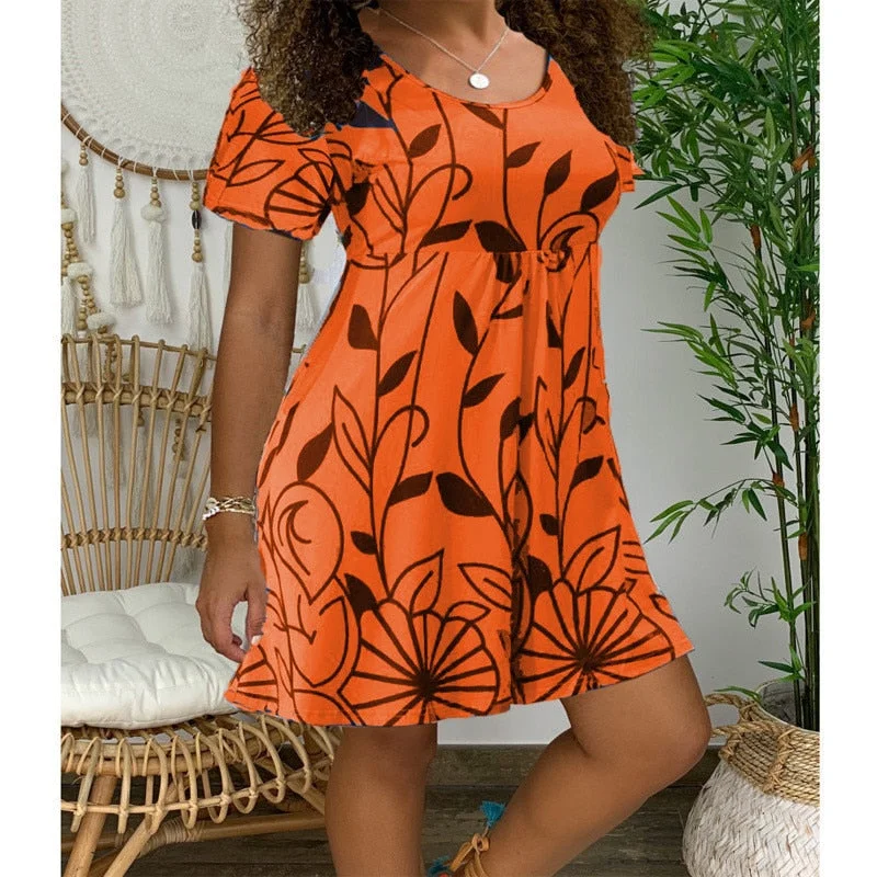 2021 New Summer Dresses Women Casual Short Sleeve O-Neck Print A-line Dress Large Size Streetwear Sundress Loose Dress Vestidos