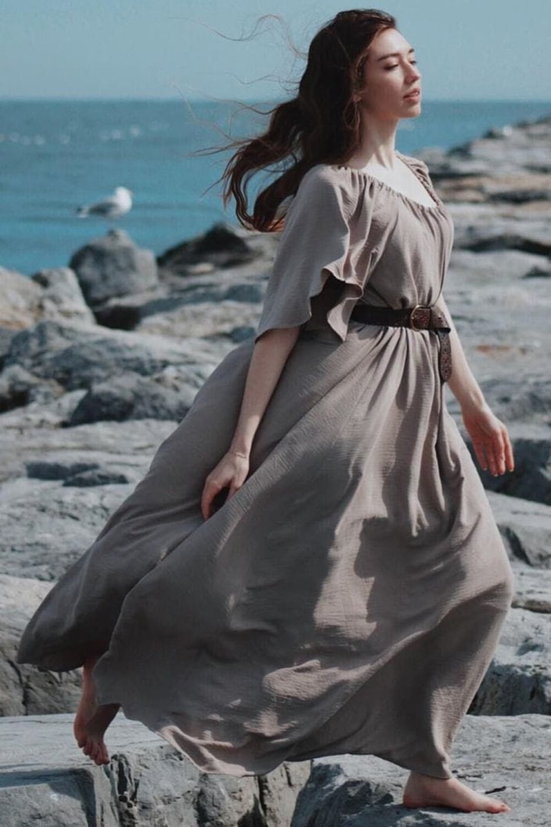 Medieval Cream Taupe Casual Fitted Waist Ruffle Sleeve Pleated A-line Maxi Dress [Pre-Order]
