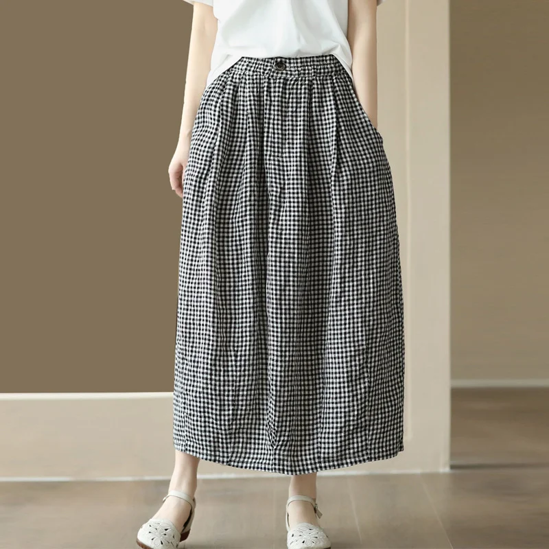 Uveng Uveng New Retro-Colored Woven Linen Lattice Skirt Tight Waist Thin Half-Dress Skirt Temperament Cotton A-Song Skirt