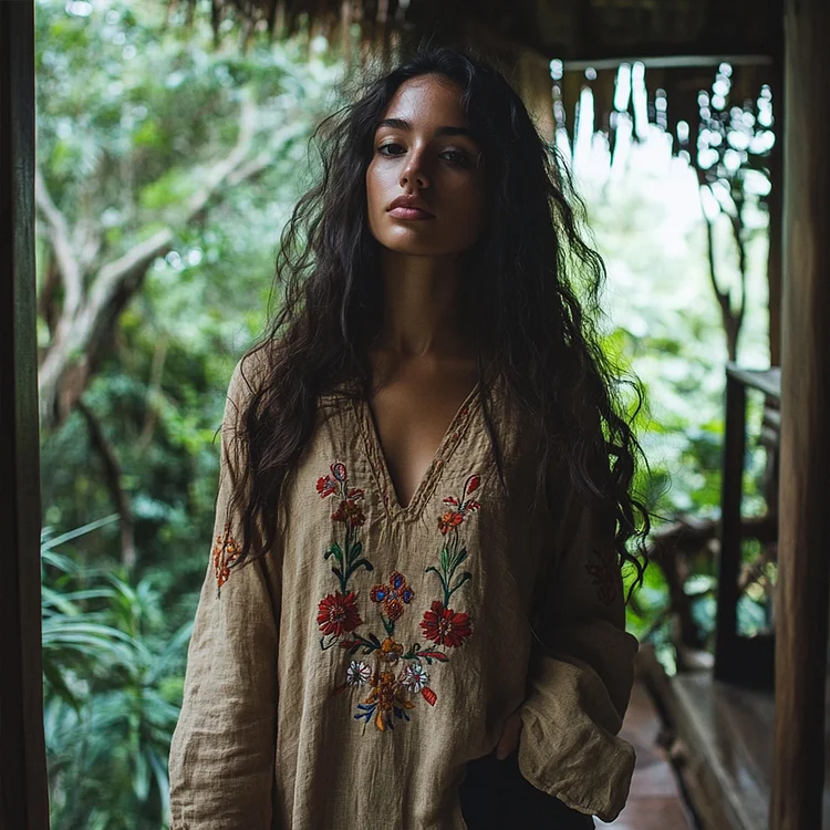 Vintage Floral Embroidery Art Linen Casual Shirt