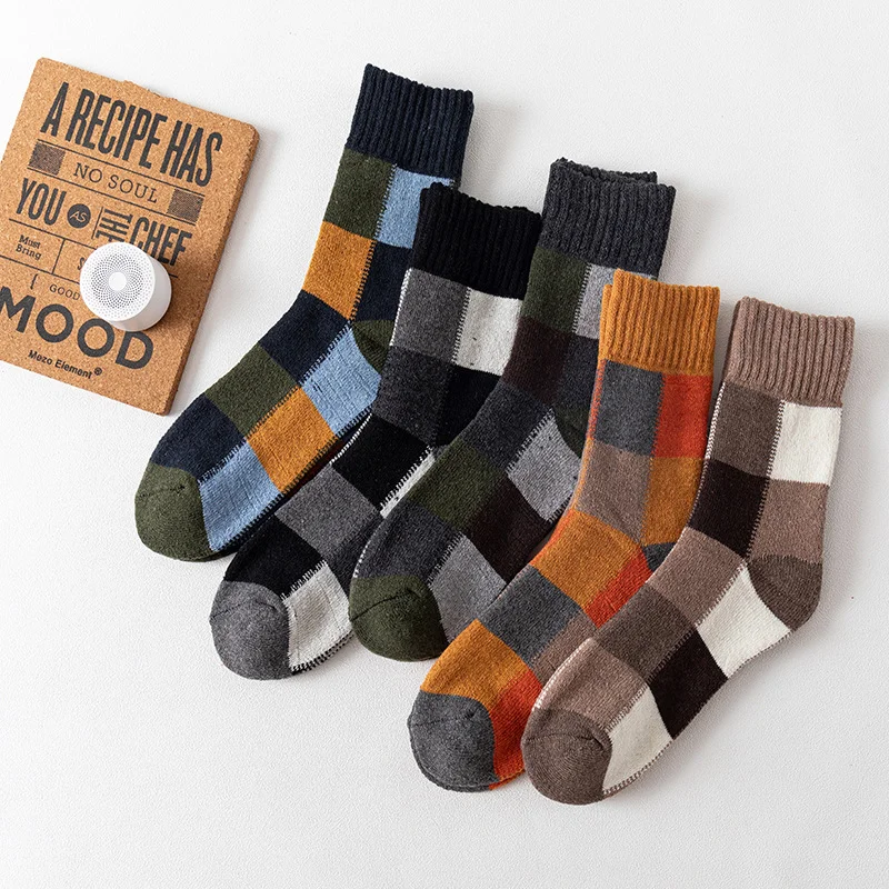 Men'S Plaid Terry Thickened Warm Rabbit Wool Mid-Tube Socks（Five Pairs）