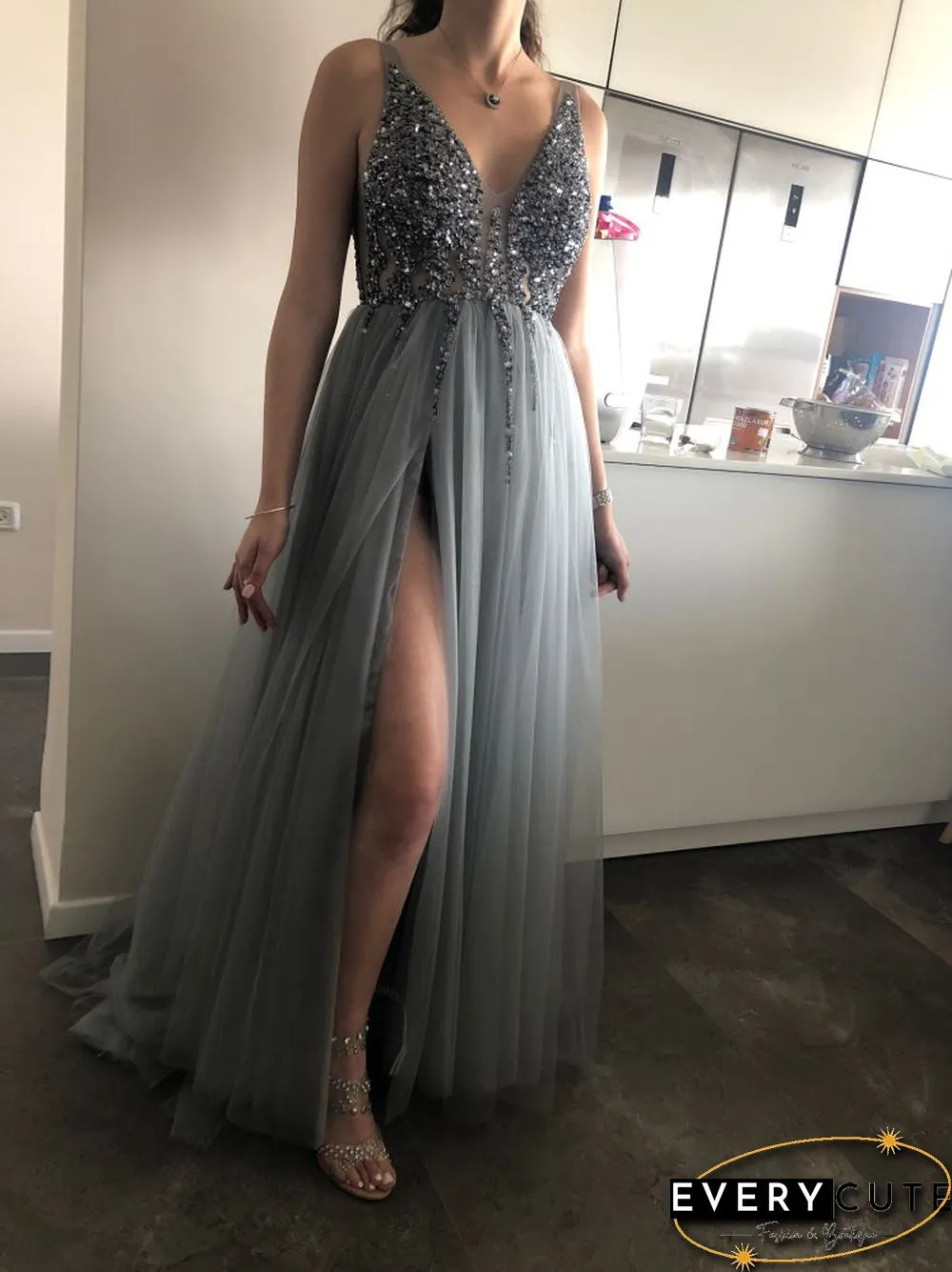 Light Gray Prom Dress Long Neck High Split Tulle Sweep Train Evening Gown A-Line Backless