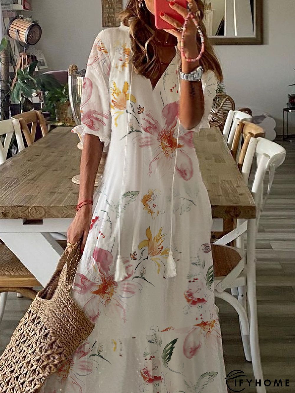 Casual Floral V Neck Short Sleeve Woven Dress | IFYHOME