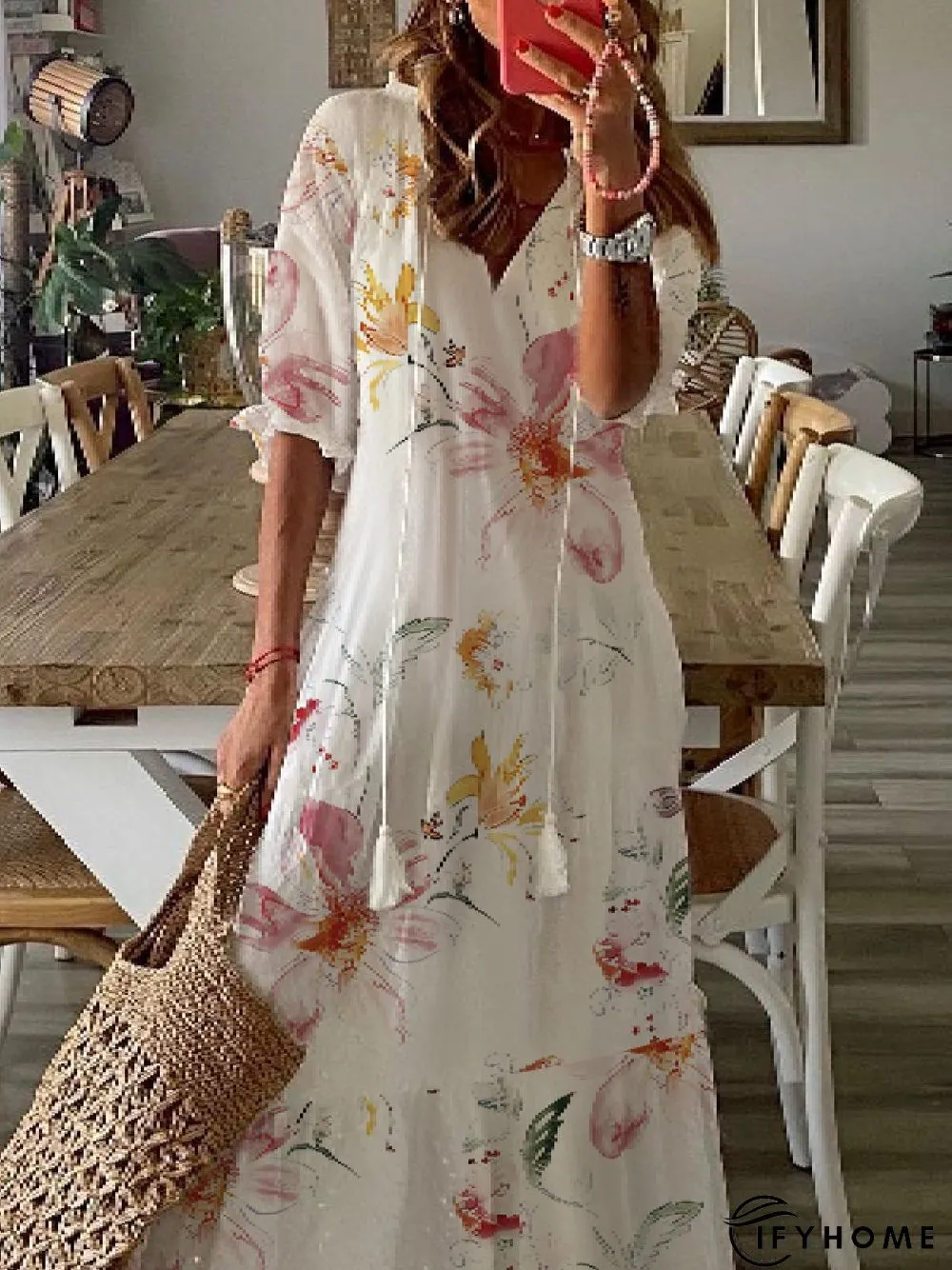 Casual Floral V Neck Short Sleeve Woven Dress | IFYHOME