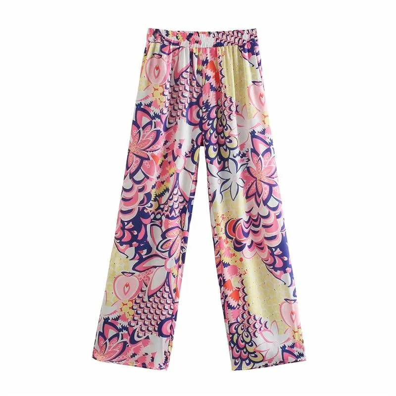PUWD Vintage Woman Pink Loose Print Shirt Suits 2021 Spring Fashion Ladies Beach Suit Female Casual High Waisted Sets