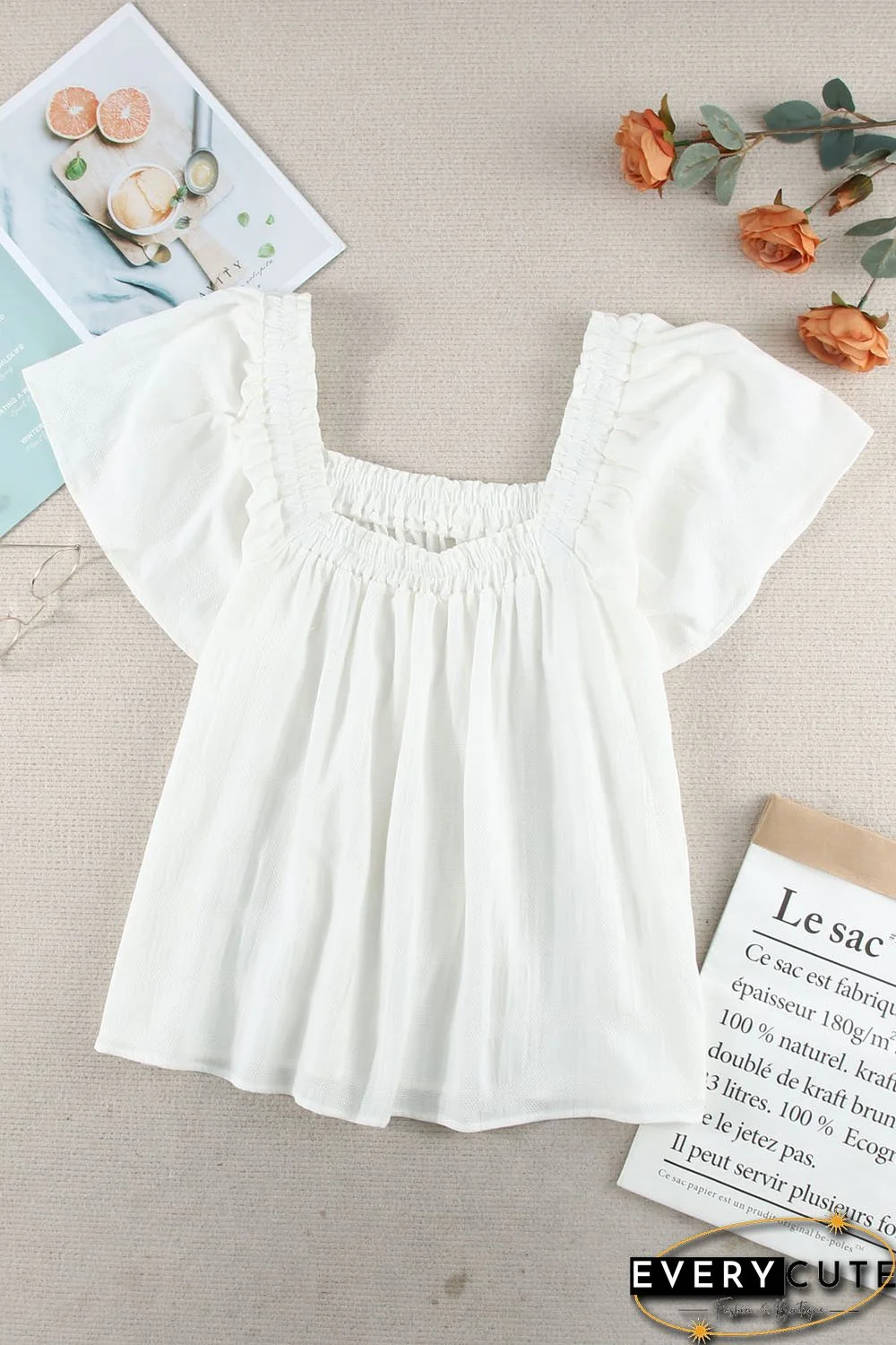White Square Neck Jacquard Short Sleeves Top