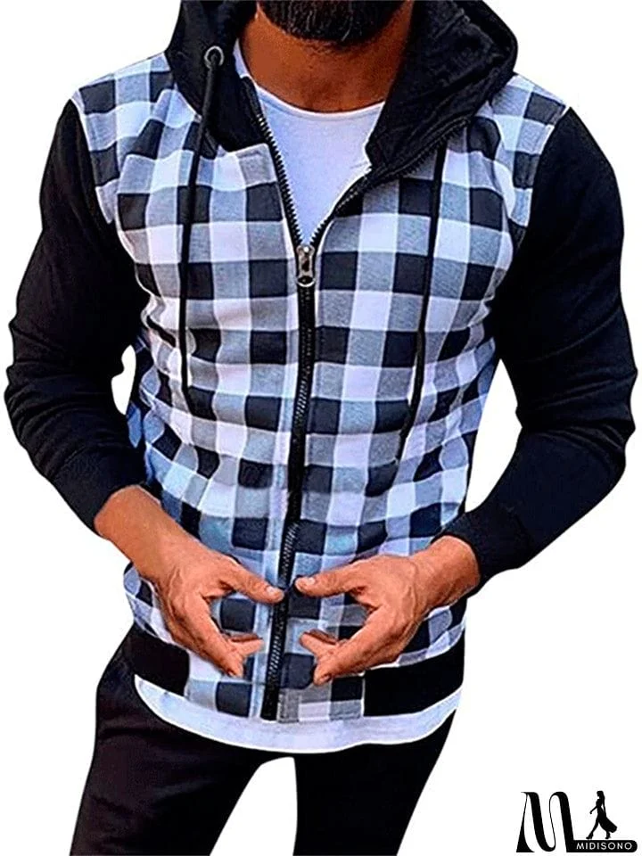 MidiSono - Men's Sports Retro Plaid Zipper Patchwork Long Sleeve Hoodies