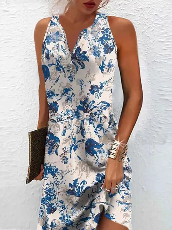 Split-Joint Printed Sleeveless Plus Size V-Neck Mini Dresses