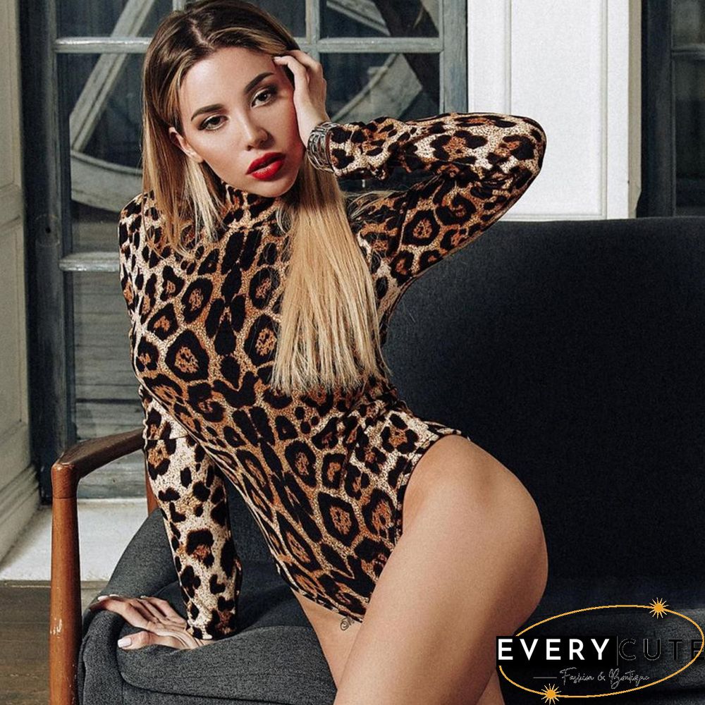 Sexy Leopard-Printed Bodycon Bodysuits Spring Women Long Sleeve Mock Neck Skinny Body Suit