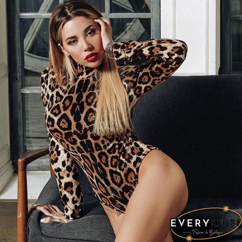 Sexy Leopard-Printed Bodycon Bodysuits Spring Women Long Sleeve Mock Neck Skinny Body Suit