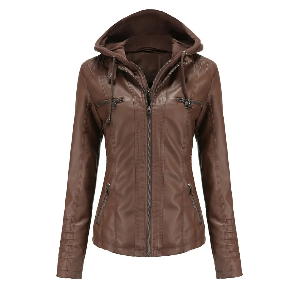 Autumn Winter Pu Faux Leather Jacket Black Women Street Moto Biker Leather Coat Hooded Jacket Lady Oversize Casual Outerwear