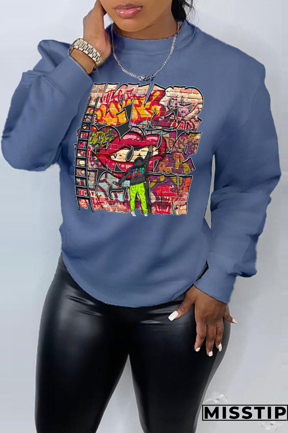 Blue Street Vintage Print Patchwork Letter O Neck Tops