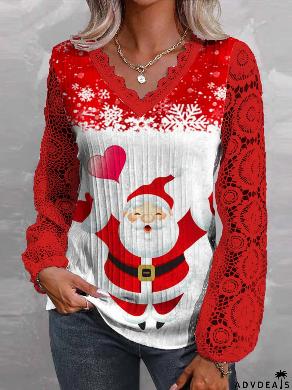 Women Long Sleeve V-neck Printed Santa Claus Snowflake Lace Christmas Tops