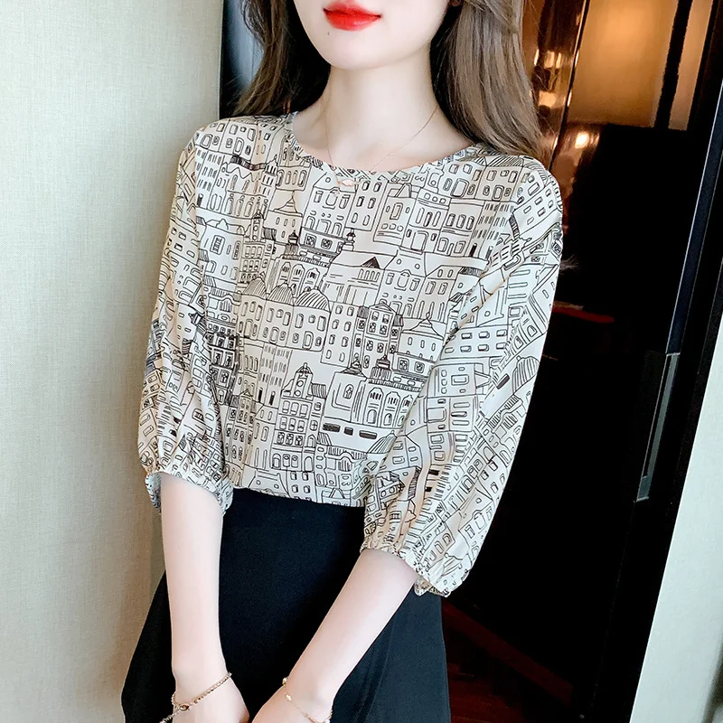 Woherb Woherb Shot In The Sleeve Print Shirt Female 2023 Summer New Round Collar Loose Senior Sense All-Match Temperament Jacket Tide-Outfit Ideas