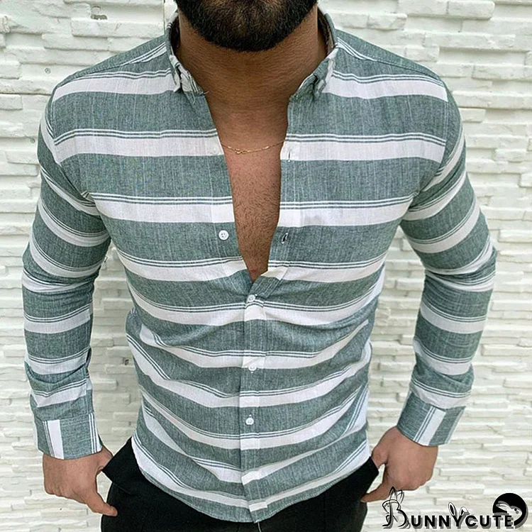 Green Casual Striped Print Split Joint Buckle Turndown Collar Tops