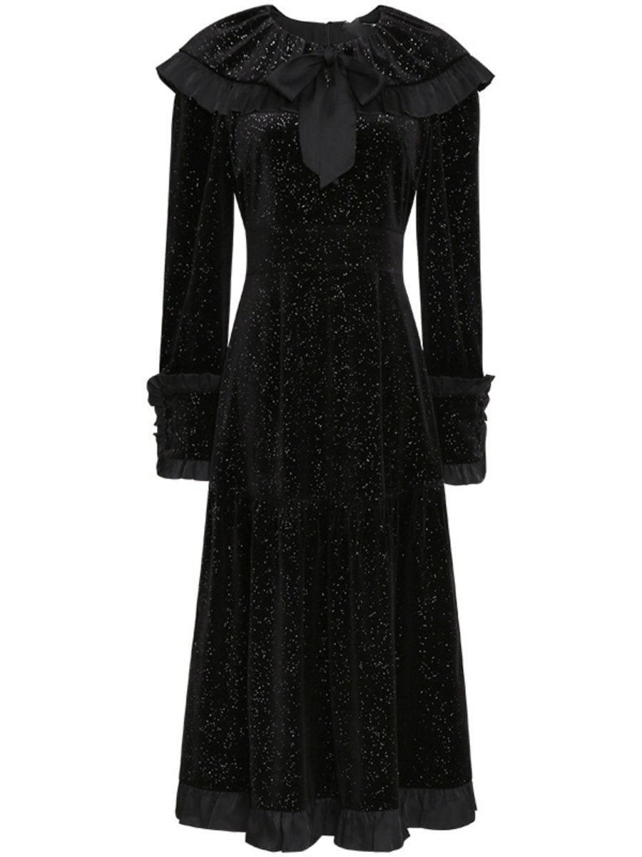 Women's Black Dress Lapel Bowknot Velvet Ruffle Hem Midi Swing Dress