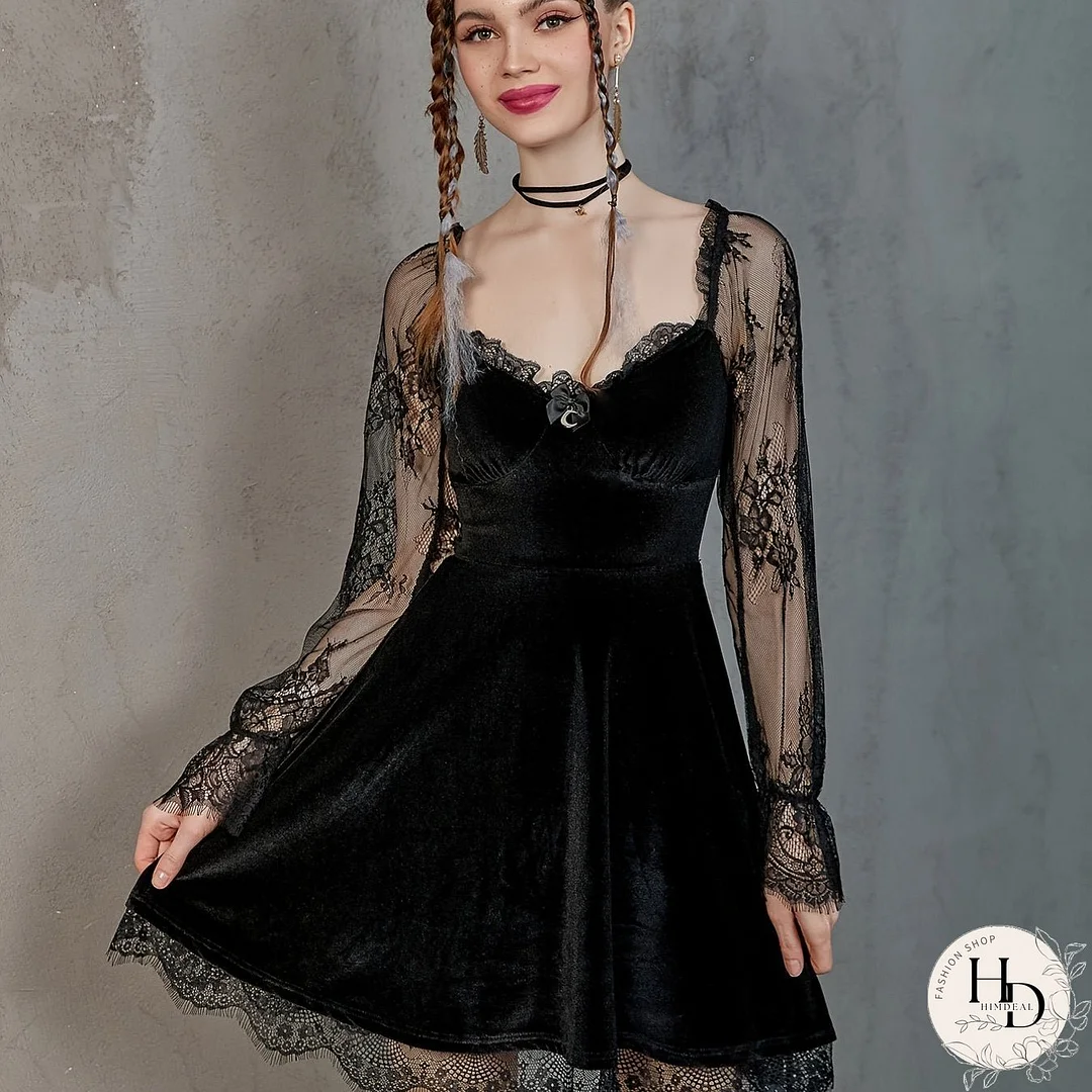 Halloween Lace Stitching Dress, Sexy Ruffled Long-sleeved V-neck Waist Dresses, Women's Clothing