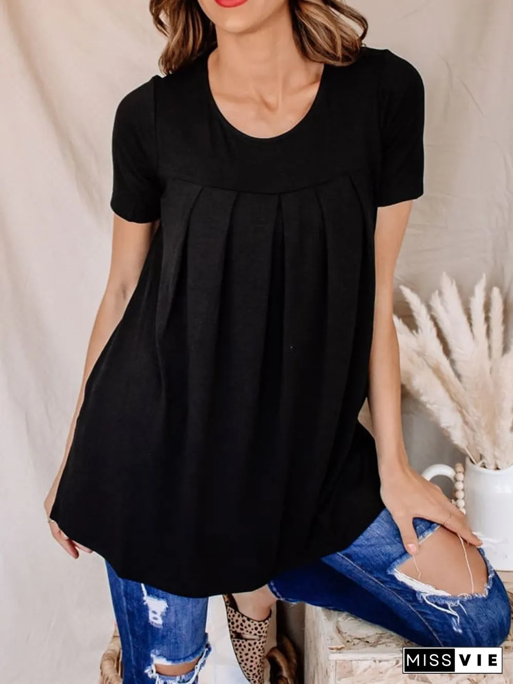 Crew Neck Vintage Short Sleeve Cotton-Blend T-shirt
