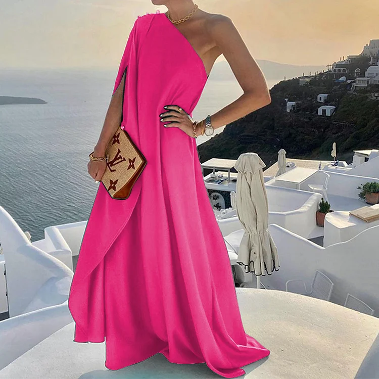 Solid Color Loose One Shoulder Long Dress Summer Beach Holiday Vacation Party Dress