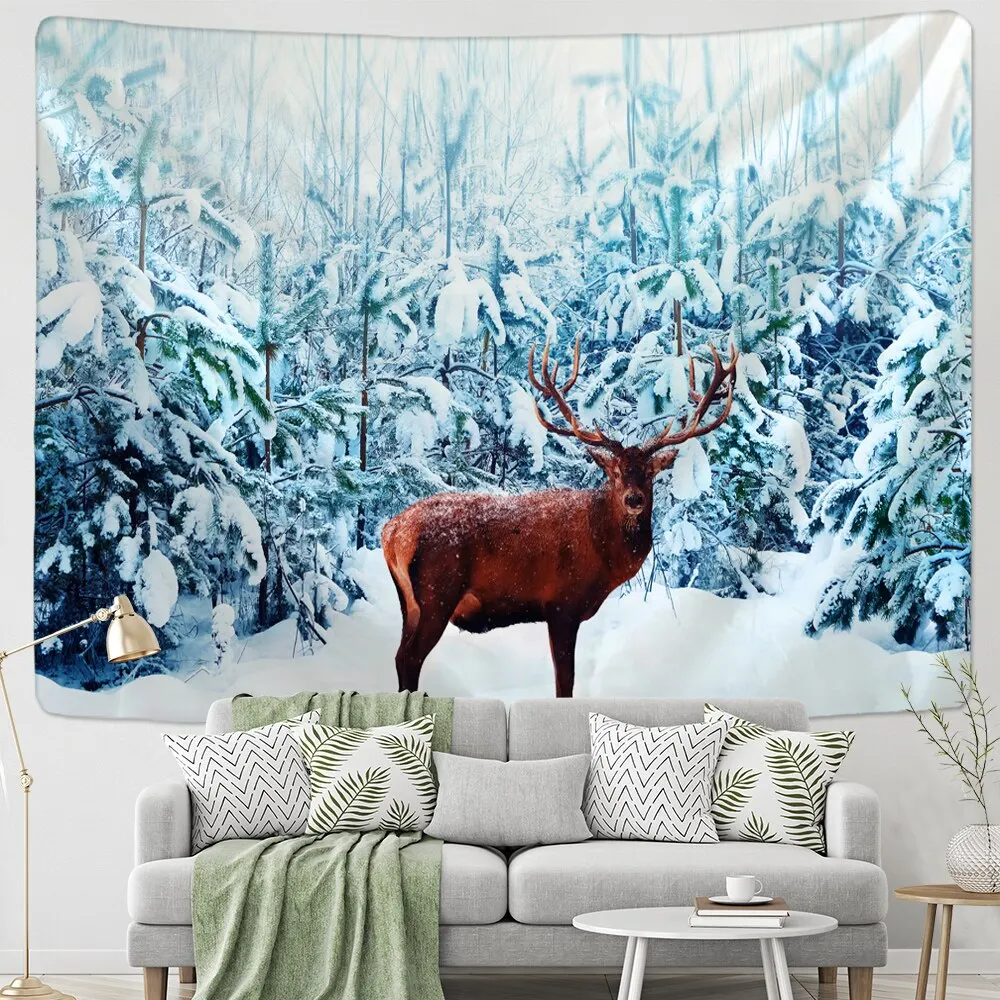 Xmas Tapestry Home Wall Hanging Polyester Reindeer In The Snow Animal Landscape Natural Forest Printed Large Wall Tapestry