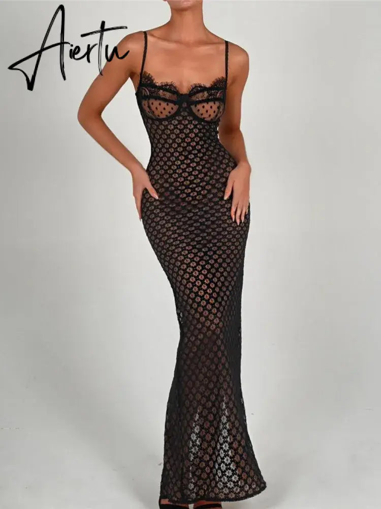 Aiertu Elegant Spaghetti Strap Print Maxi Dress For Women Robe Fashion Sleeveless Backless Lace Club Party Long Dress Vestido Aiertu