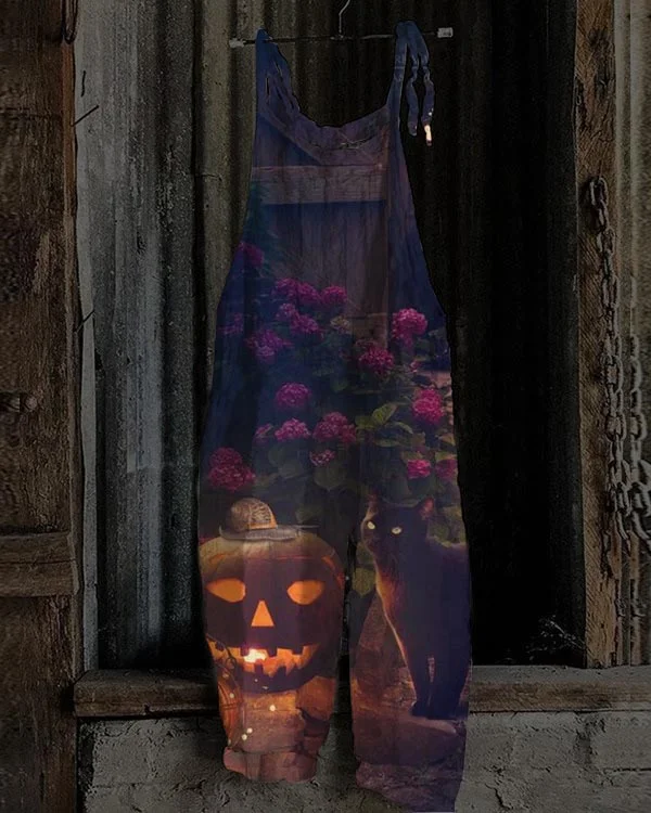 Women's Halloween Night Pumpkin Cat Jumpsuit
