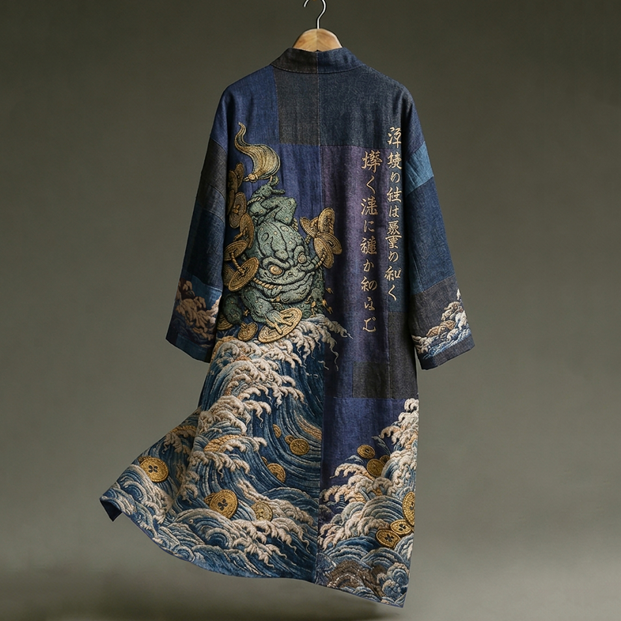 Men's Vintage Japanese Toad Wave Art Pattern Linen Blend Long Kimono elevenforest
