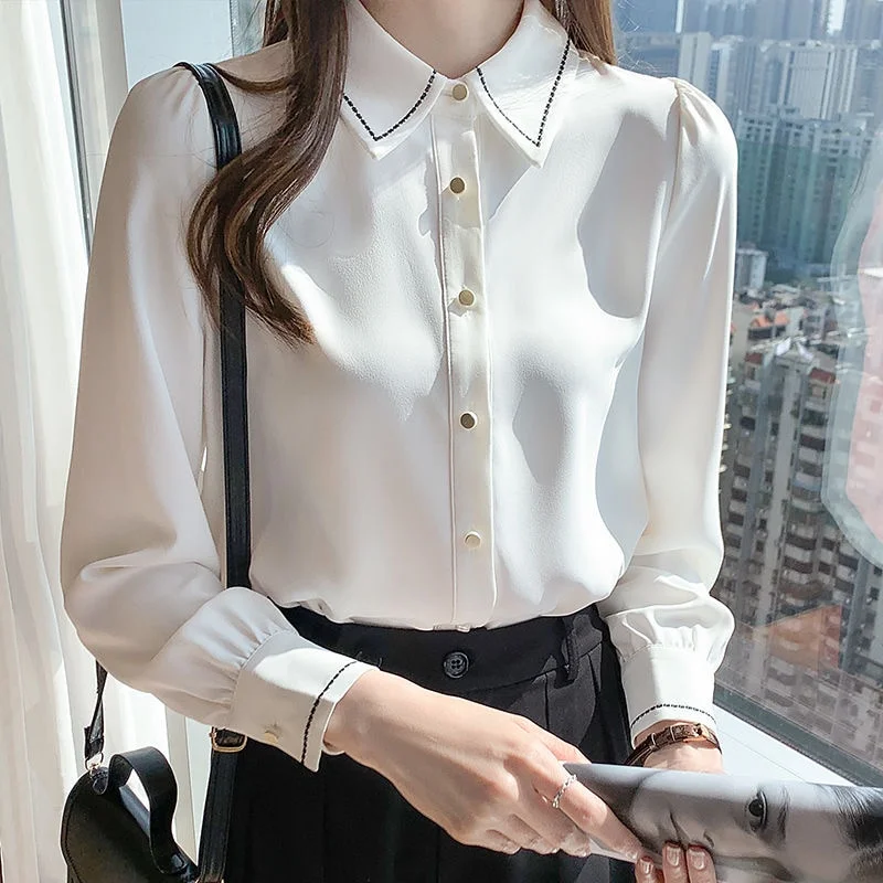 Zingj Women White Tops and Blouses Fashion Stripe Printed Casual Long Sleeve Office Lady Work Shirts Female Slim Blusas 569