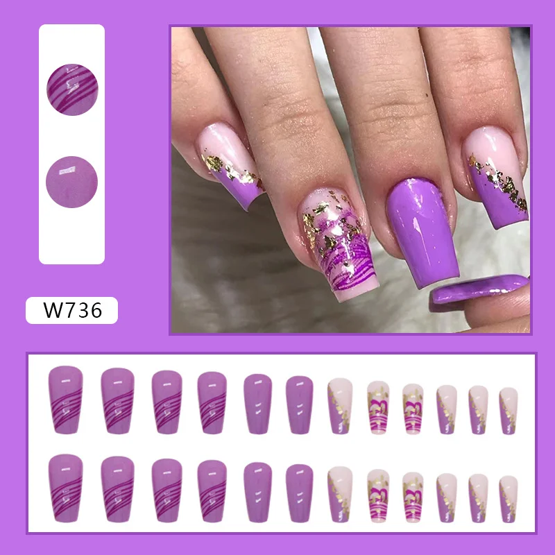 Churchf Churchf Long Flat Head Grape Purple Line Gold Foil Nail Romantic Taro Purple Wearing Armour Piece Removable