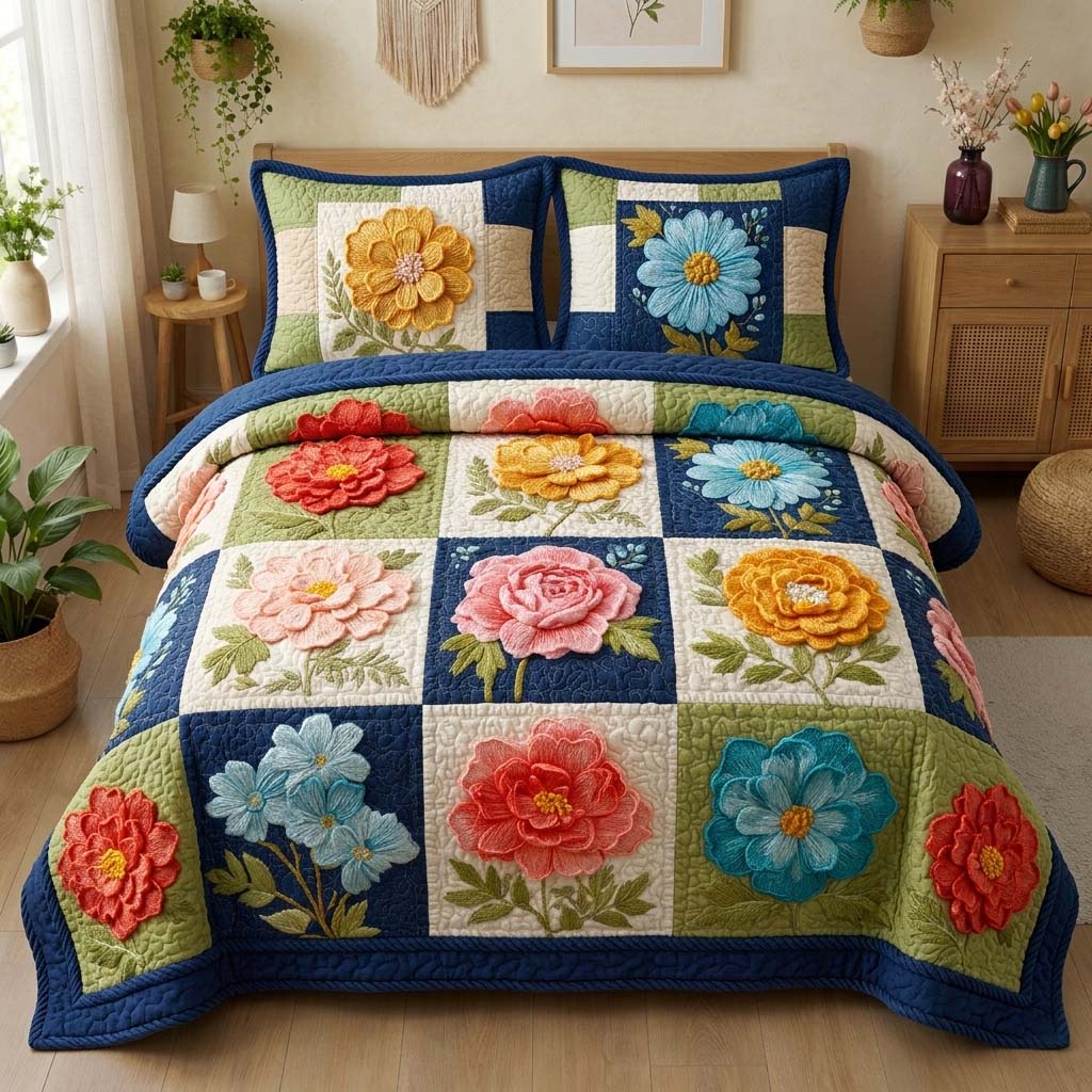 Blue Bloom 3-Piece Quilted Bedding Set GFTOQM3477