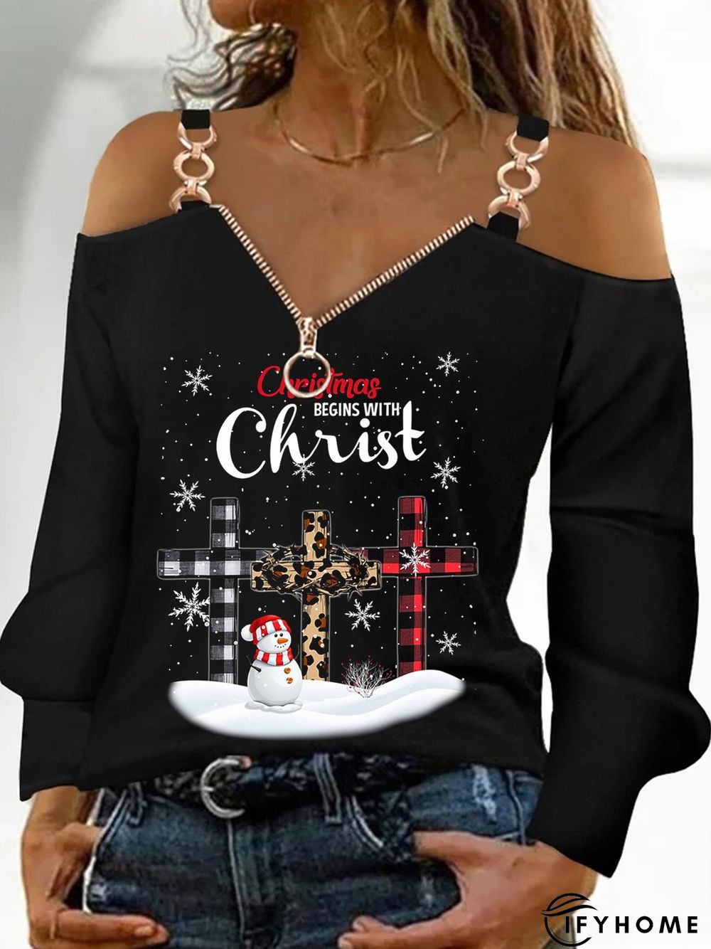 Christmas Long Sleeve V Neck Printed Top | IFYHOME