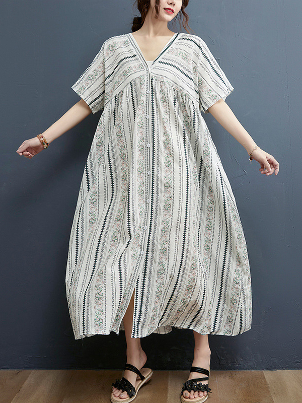 Bohemian Print V Neck Short Sleeve Loose Maxi Dress