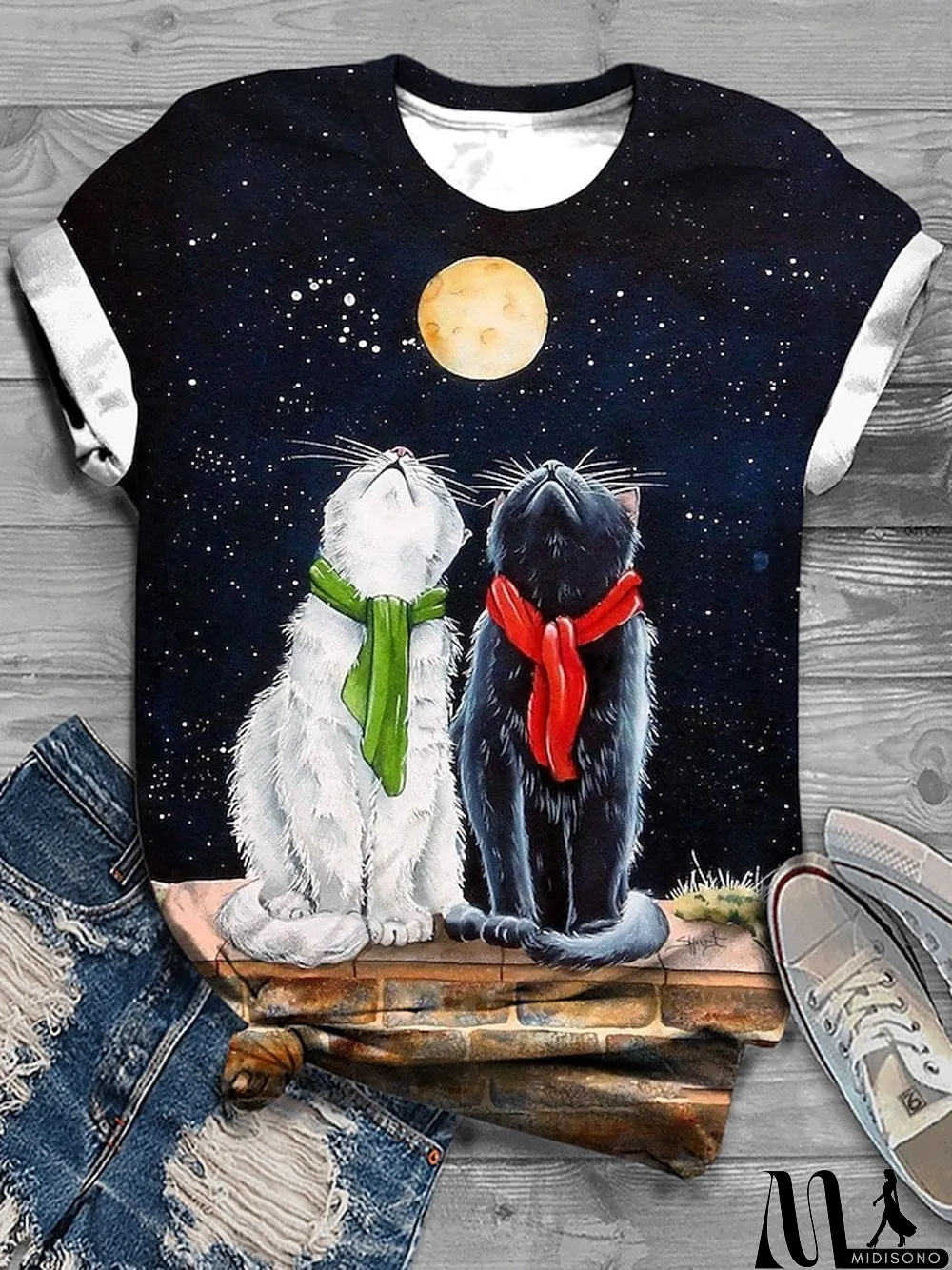 MidiSono - Women's T shirt Tee Cat Daily Weekend White Yellow Navy Blue Print Short Sleeve Fashion Round Neck Regular Fit Summer