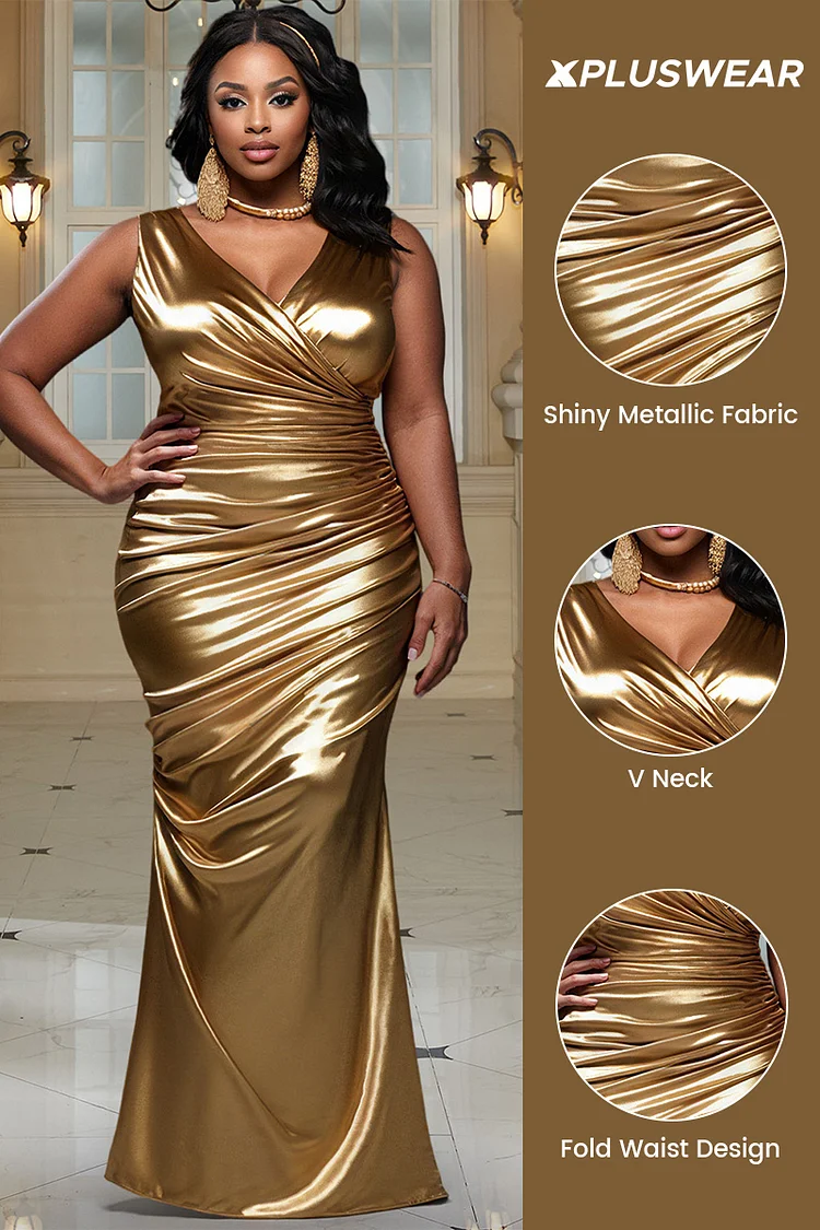 Xpluswear Design Plus Size Party Gold V Neck Fold Elegant Split Metallic Maxi Dresses [Pre-Order]