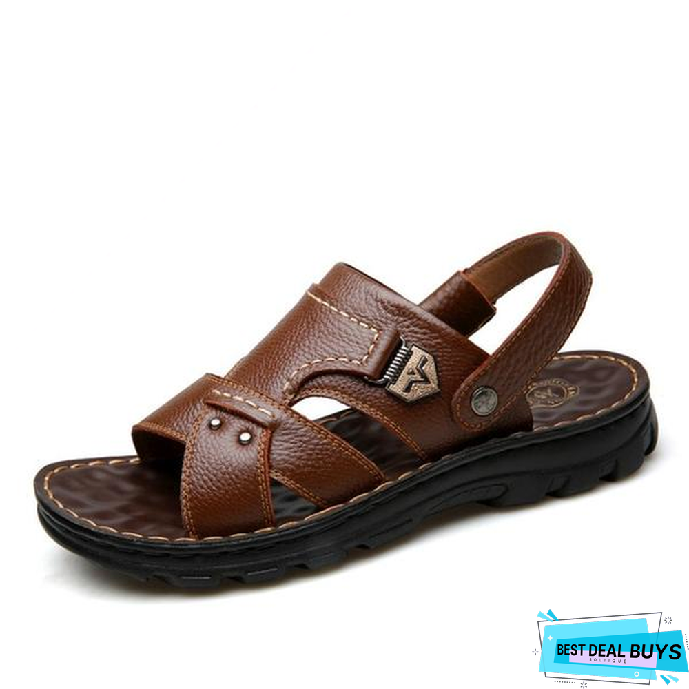 Men's Genuine Leather Sandals Beach Casual Non-Slip Slippers Shoes
