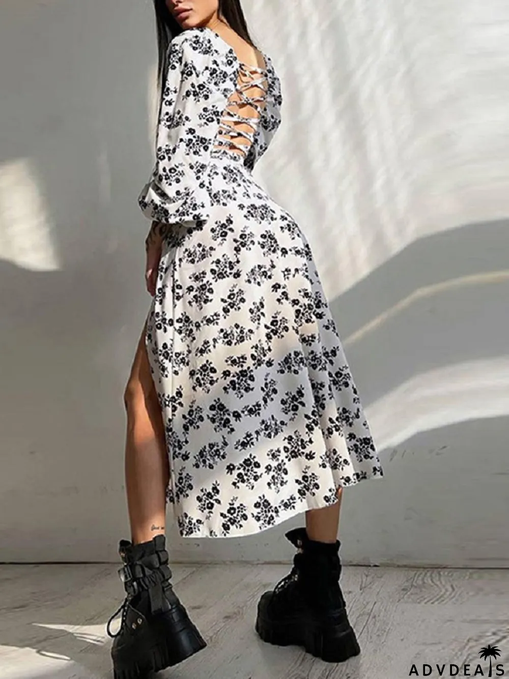 Sexy Elegant Square Neck Puff Sleeve Floral Backless Slit Wedding Guest Dress